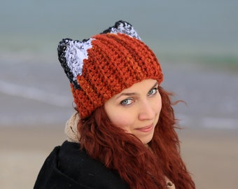 Real red ginger fox beanie slouchy unisex adult chunky orange cat hat light dark ears dog popular best gift animal lovers fashion crocheted