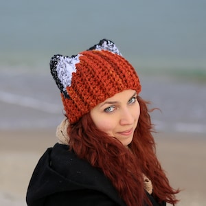 Real red ginger fox beanie slouchy unisex adult chunky orange cat hat light dark ears dog popular best gift animal lovers fashion crocheted image 1