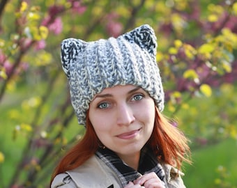 Light gray hat with dark gray ears -  wolf crochet slouchy beanie - gift idea for animal fashion dog lovers in casual style - adult cute hat