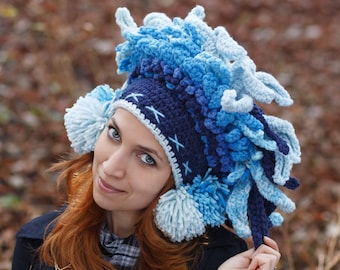 Blue Crochet Shamanic Crown Headdress, Winter Festival Beani
