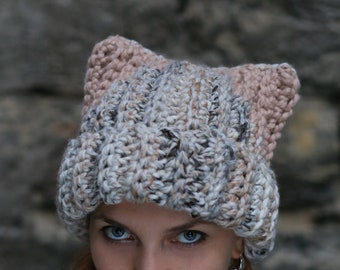 Crochet Fox Ear Beanie, Cream Slouchy Chunky Wool Winter Hat