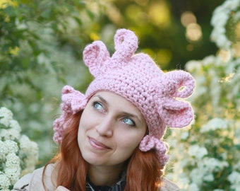 Winter animal fantasy light pink hat with funny ears horns adult Crochet forest beanie gift chunky costume most popular item kawaii girl