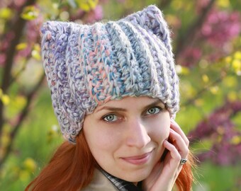 Gorro de lana con orejas de zorro de ganchillo, unisex, gorro de invierno con diseño de animal.