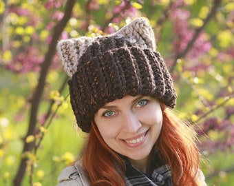 Chocolate brown cat hat with beige ears - crochet brown slouchy chunky owl hat metallic soft thread