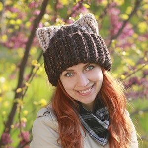Chocolate brown cat hat with beige ears - crochet brown slouchy chunky owl hat metallic soft thread