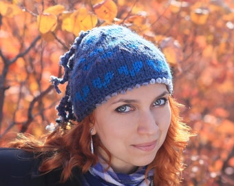 Crochet Octopus Beanie: Handmade Blue Wool Winter Heart Hat