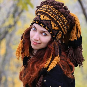 Mustard Brown Crochet Shamanic Headdress, Black Tribal Knit Beanie