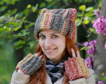 Crochet hat with cat ears set fingerless gloves - knitting handmade fox fingerless gloves - Crochet orange winter beanie and animal mittens