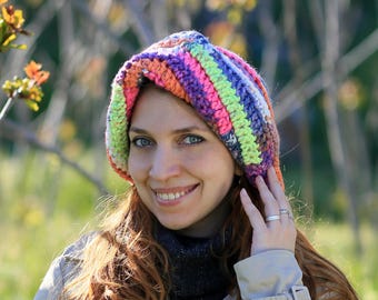 Adult stocking hat-hood, Knit festival bonnet ethnic cowl or hood  - gift for woodland fairy