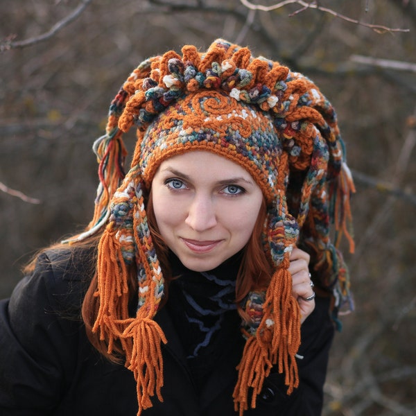 Winter crochet orange mix woman hat - festival slouchy original headdress