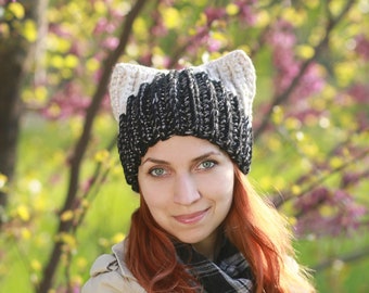 Winter black fox hat with light ears - crochet unisex adult beanie best gift idea for animal lovers dog cat owl