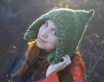 Pointy druid forest green Adult stocking hat Knit festival bonnet ethnic cowl winter Gnome hood wizard Peaked beanie gift for woodland fairy