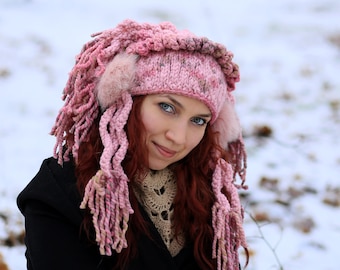 Pink crochet hat headdress rose wine color native style chief feather knit roach Winter beanie gift for sweet girl lady costume marshmallow