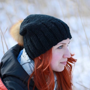 Slouchy black hat with fur pompom hand knitted wool hat warm soft knit woman accessories image 2