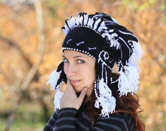 Black White Crochet Tribal Headdress, Unisex Festival Winter Beanie
