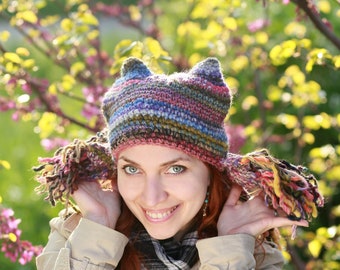 Crochet horns festival hat - mix color hats burst - shaman style winter headpiece