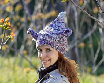 Winter animal purple brown beige hat with funny ears unisex, Crochet forest beanie kawaii gift