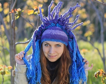 Purple blue crochet hat - original headdress with tassels and horns - winter cosplay beanie