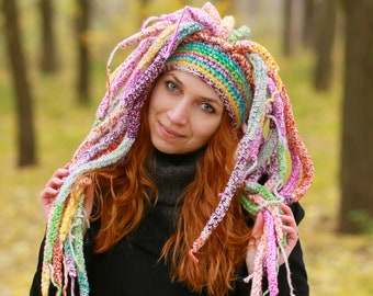 Crochet city shaman adult hat rainbow headdress winter beanie with white orange purple blue yellow green knit dreadlocks