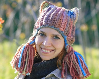 Multicolored crochet cat hat with ears flaps and big tassels - winter animal hat with protruding ears - best for animal lovers