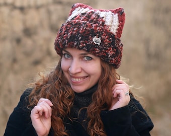 Crochet Fox Ear Beanie: Slouchy Orange Brown Cat Ears Hat