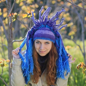 Purple blue crochet hat original headdress with tassels and horns winter cosplay beanie image 1