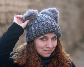 Crochet Raccoon Ear Beanie, Handmade Fur Animal Winter Hat