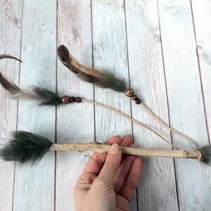 Magic driftwood wand spiritual helper tool with feathers image 1