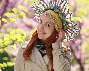 Rainbow Crochet Horns Crown, Wool Forest Wreath Headband