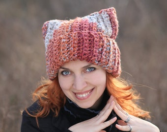 Orange winter animal hat with ears unisex adult crochet