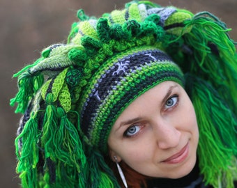 Green Gray Crochet Shamanic Headdress, Wool Festival Costume