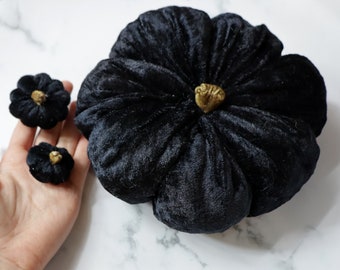 Set of 3 small black fabric pumpkins with gold fabric stems