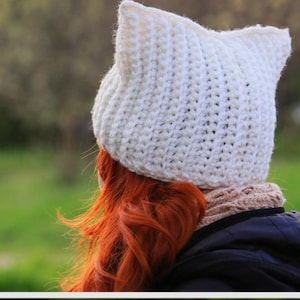 Winter white cat ears hat crocheted snow beanie