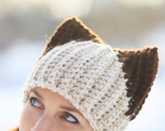 Crochet white hat with brown ears Siamese cat