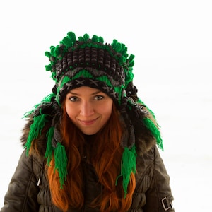 Green Crochet Knitted Roach Hat: Native Style Winter Beanie, indian feather roach