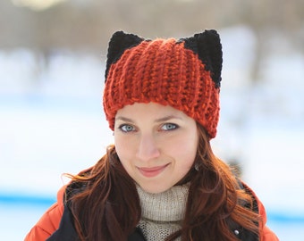 Winter red fox hat with Black ears Knitting Handmade unisex adult Crochet beanie gift idea animal fashion dog hat cat costume feline child