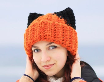 Fox hat for adult - crochet soft animal orange fox hat with black ears - winter slouchy alpaca beanie