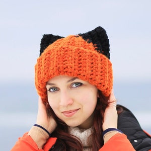 Crochet Fox Hat: Orange Alpaca Beanie with Black Ears
