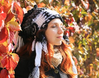 Black Gray Crochet Tribal Feather Headdress, Unisex Winter Beanie