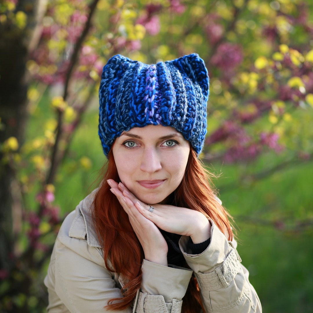 Blue Winter Hat With Ears Knit Handmade Animal Crochet Adult Ladies Beanie Cat Lover Gift Idea