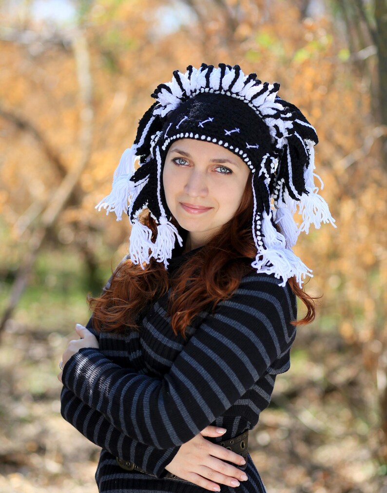 Black white festival headdress unisex adult crochet tribal winter hat