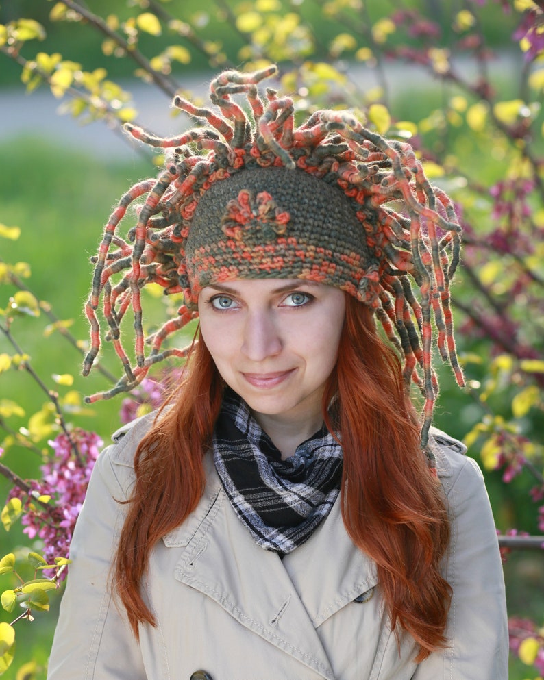 Forest Wreath Crochet Green Orange Horns Hat Woodland Nymph Etsy