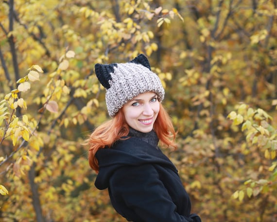 Crochet Cat Ear Beanie Womens Winter Knit Slouchy Hat Gift XFHLMJFF Crochet Hats for Women Cat Beanie Solid Color New  main image 4