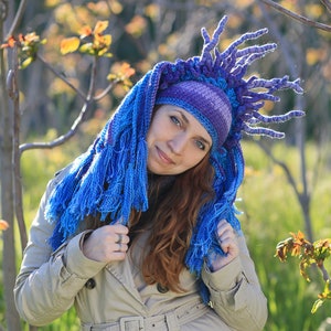 Purple blue crochet hat original headdress with tassels and horns winter cosplay beanie image 6
