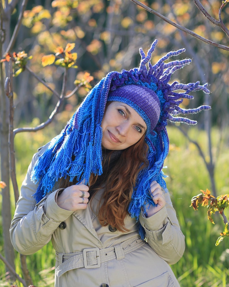 Purple blue crochet hat original headdress with tassels and horns winter cosplay beanie image 6