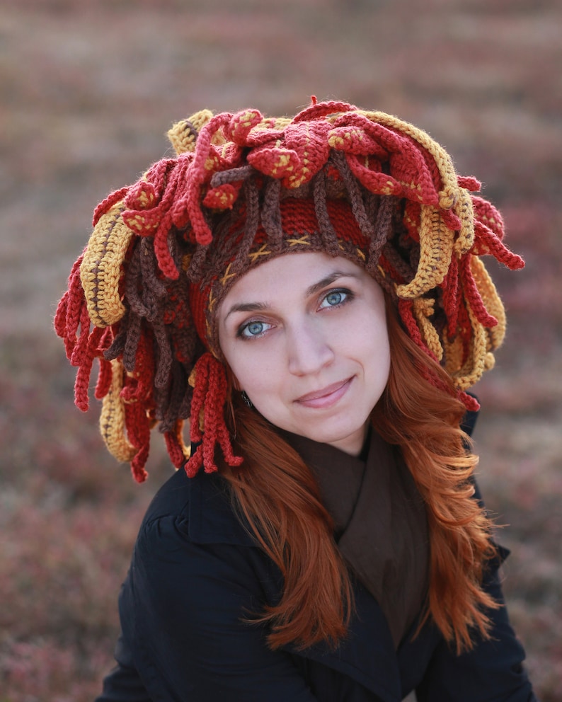 festival headdress in brown orange yellow color with feather leaves winter beanie Autumn shaman crochet hat