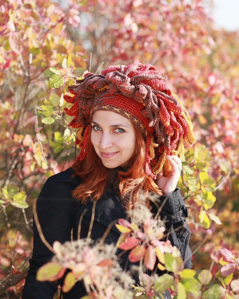 festival headdress in brown orange yellow color with feather leaves winter beanie Autumn shaman crochet hat