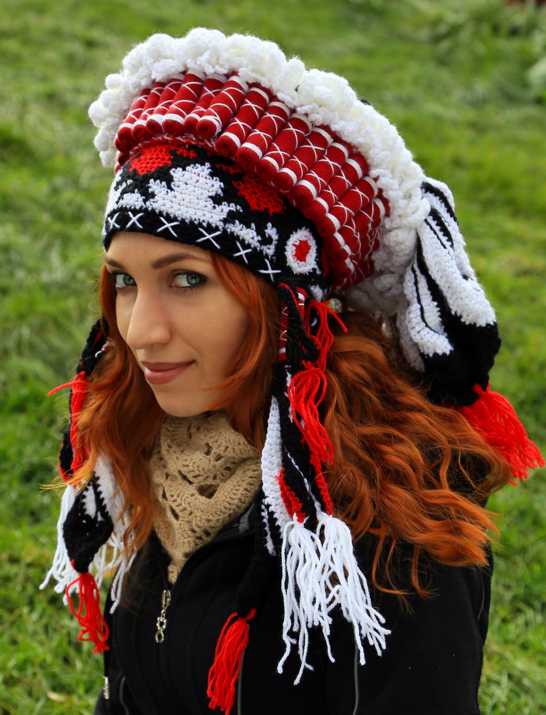 Crochet Winter Beanie: Native Style, Red White Black Knit Hat