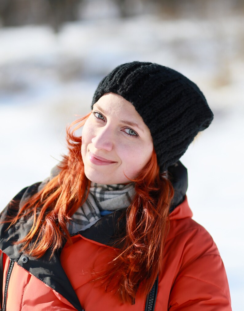 Slouchy black hat with fur pompom hand knitted wool hat warm soft knit woman accessories image 5