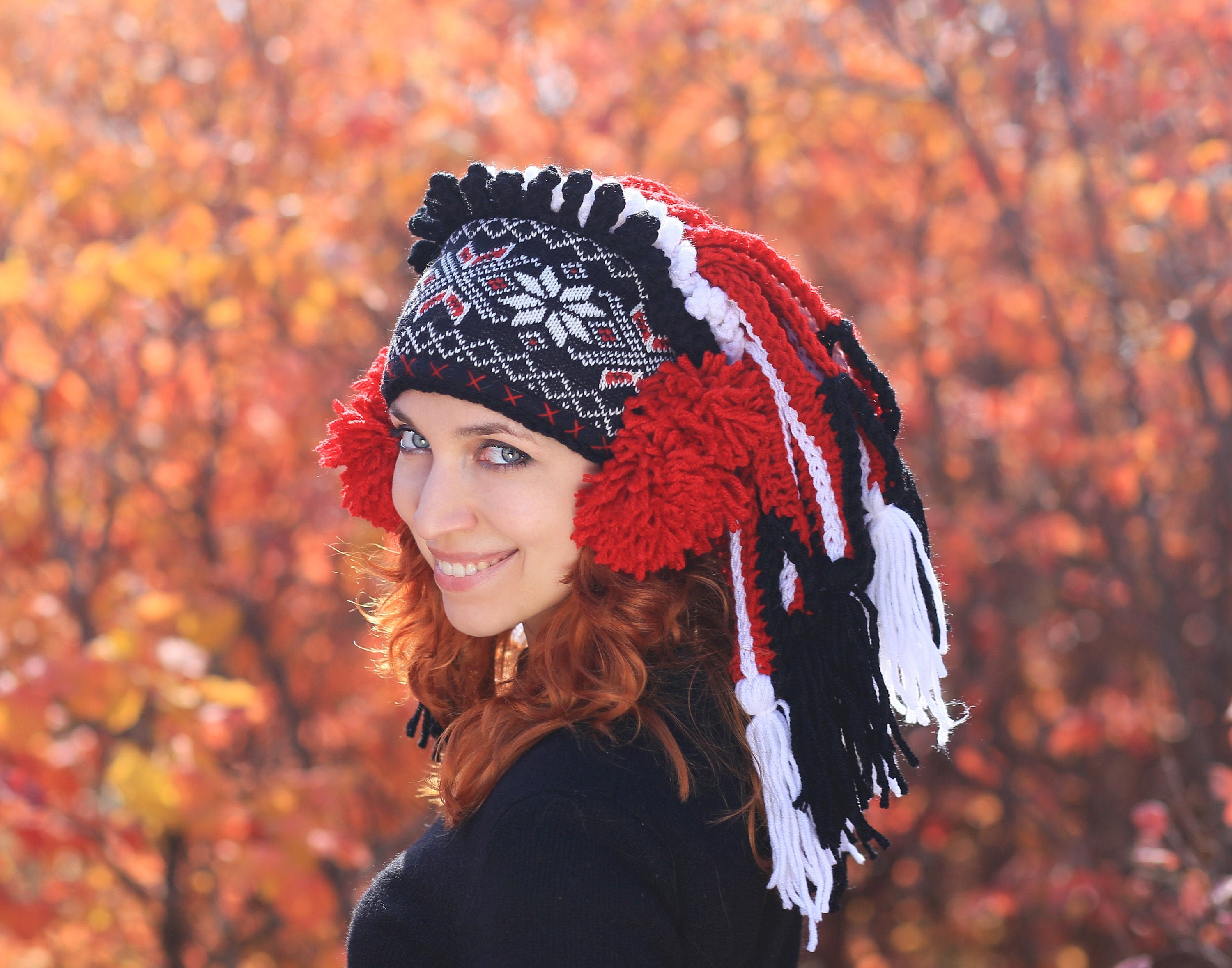 Grenache Black Hand Knit Hat Women, BLACK Knit WOMEN Hand Crocheted  Handmade Winter Hats, Black Red, Gifts for Women 